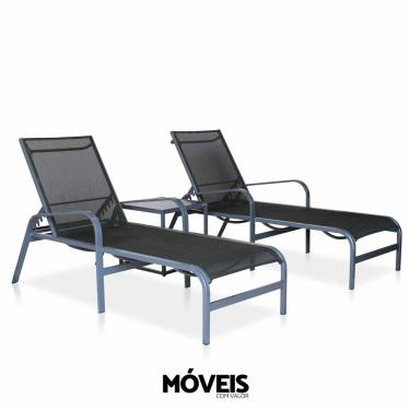 Imagem de Kit 2 Espreguiçadeiras De Alumínio + 1 Mesinha Lateral Para Piscina, Hotel - Grafite E Tela Preta
