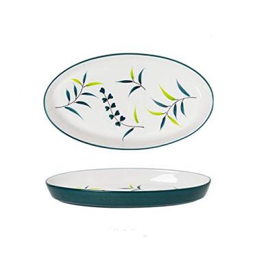 Imagem de Prato de serviço prato de jantar de cerâmica com motivos florais, prato de peixe oval grande, sobremesa personalizada, prato de lanches, seguro para micro-ondas e forno. Pratos (Cor: 1, Tamanho: 2