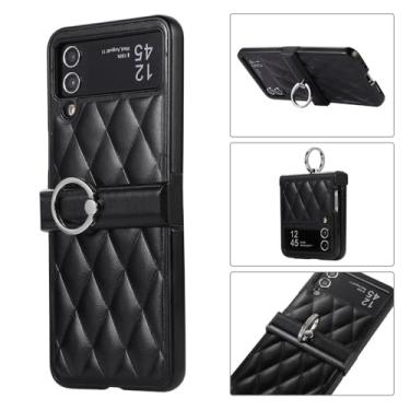 Imagem de Para Samsung Galaxy Z Flip 4 5 Flip3 Flip4 Flip5 Capa de telefone dobrável de couro liso com suporte de anel capa protetora, preta, para Galaxy Z Flip 3
