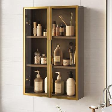 Imagem de Armário de banheiro montado na parede com armazenamento - toucador sobre o vaso sanitário dourado cinza para dormitórios, cozinhas e lavanderias (60 x 14 x 75 cm) - Organizador suspenso que economiza