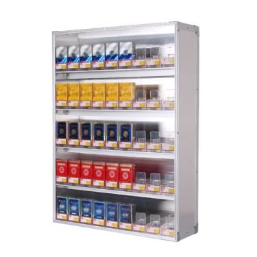 Imagem de Suporte de exibição de cigarro, vitrine automática de empurrador de cigarro, montagem na parede/organizador de balcão para cigarros, caixas de fósforos, cartas de baralho, armário de doces (cor: prata
