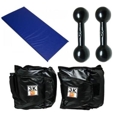 Imagem de Kit Colchonete Azul  + Caneleira 3Kg + Par de Halter 5Kg - 1 Fit