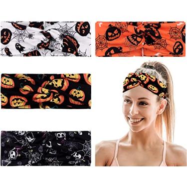 Imagem de EBANKU 4 peças de cabeça de caveira de abóbora de halloween largo morcego aranha turbante faixa de cabeça torcida com nó para mulheres fantasia cosplay suprimentos de treino de festa acessórios de cabelo de Halloween