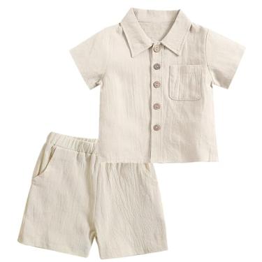 Imagem de SEAUR Conjunto de camiseta e shorts de manga curta de algodão e linho para meninos e bebês, 2 peças, roupa macia para bebês, Off-white, 3-4 Anos