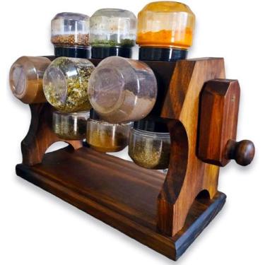 Imagem de Porta Tempero de Madeira Kit Base Manivela 12 Potes - Art & Lar Artesa
