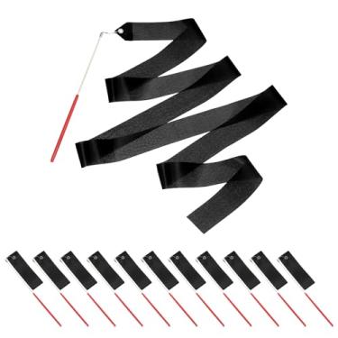 Imagem de PATIKIL Fitas de dança, pacote com 14, serpentinas de dança de ginástica de 78,7 polegadas com varinha antiderrapante para presentes, dança, shows de talentos, bastão girando, preto