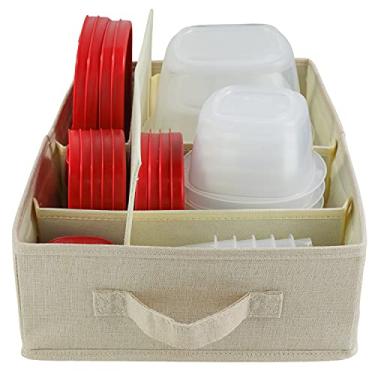 Imagem de HappiBox Caixa organizadora de recipientes de armazenamento de alimentos – Organizador de gaveta de cozinha compatível com Tupperware, Rubbermaid, Glad recipientes e tampas – Caixa de pano dobrável ajustável