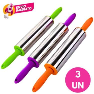 Imagem de Kit Rolo Abrir Massa Inox Cabo Plástico Colorido Macarrão Pastel Pães 