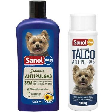 Imagem de Kit banho e controle de pulgas cães: Shampoo Anti pulgas para cachorro + Talco Antipulgas Sanol