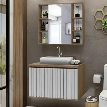 Imagem de Conjunto Gabinete Banheiro Ripado 80cm C/Cuba e Espelheira (Avelato/Branco)