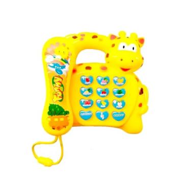 Imagem de Telefone Musical Infantil em Forma de Girafa, Amarelo, Sons e Melodias, com Alça, Teclado Numérico, Funciona com 3 Pilhas AA