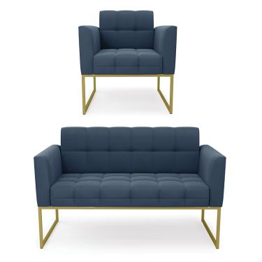 Imagem de Kit 1 Sofá Namoradeira e 1 Poltrona Elisa Suede Azul Marinho Base Metálica Industrial Dourado D03 - D'Rossi
