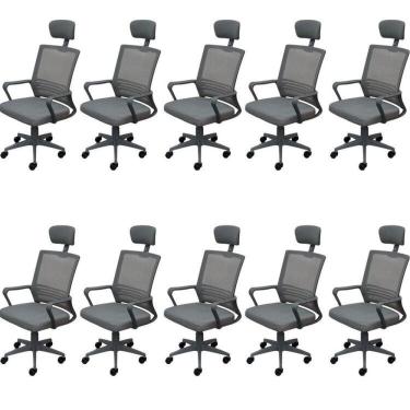 Imagem de Kit 10 Cadeiras para Escritório Presidente Lyon Alta em Tela Mesh Cinza