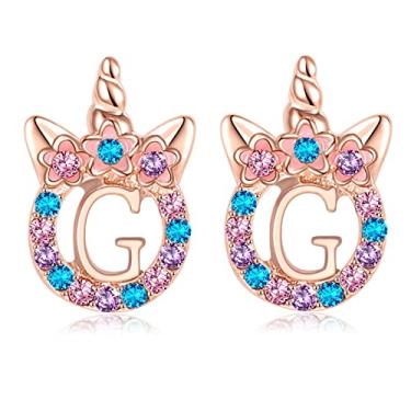 Imagem de TRWWELL Brincos de unicórnios, presentes para meninas, brincos de zircônia cúbica com inicial de unicórnio em ouro rosa para crianças, crianças, strass, letra inicial, unicórnio, brincos, joias para