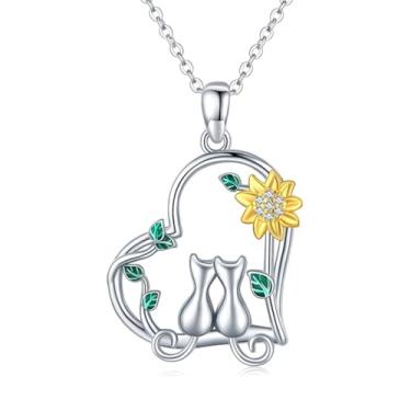Imagem de Colar com pingente de coração de coração e gatos CZ Neacklace banhado a prata cristal verde coração amoroso animal ajustável corrente corrente elegante casamento noivado joia para mãe irmã 45,7 cm