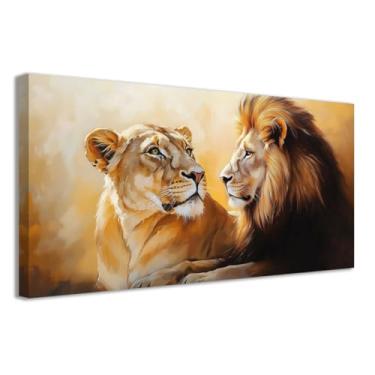 Imagem de CCWACPP Arte de parede leão e leoa pinturas de animais selvagens imagem casal leão impressões em tela para escritório, quarto, sala de jantar, sala de estar, decoração de casa emoldurada (30,5 cm x 61
