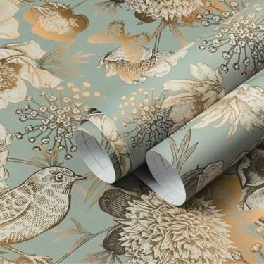 Imagem de LaCheery Papel de parede autoadesivo vintage dourado floral para quarto 44,5 cm x 7 m vintage floral descascar e colar papel de parede pássaros papel de contato de flores para paredes armários de
