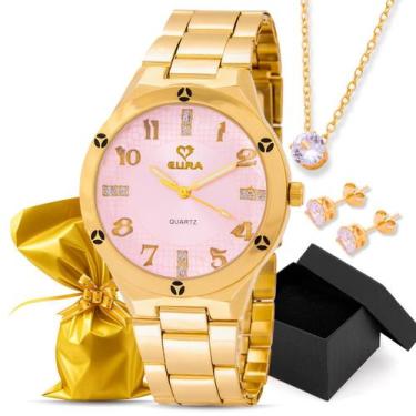 Imagem de Kit Relógio Eura Dourado Detalhe Na Caixa + Colar e Brinco, Rosa
