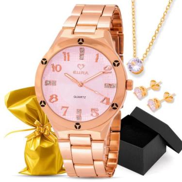Imagem de Kit Relógio Eura Rose Feminino Detalhe Na Caixa + Colar e Brinco, Rosa