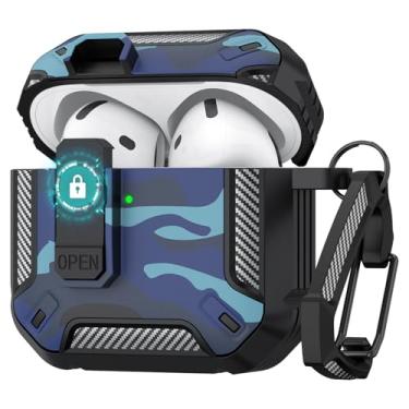 Imagem de Capa protetora rígida para AirPods 4 com trava segura, pop-up automática, proteção total, compatível com Apple AirPods 4ª geração 2024/2025 (azul camuflagem, capa para Airpods 4)
