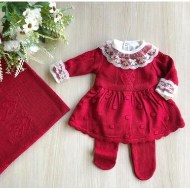 Imagem de Saída de maternidade vermelha de menina em tricot 4 peças - Dinhos bab