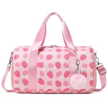 Imagem de Bolsa de balé para meninas, bolsa de dança de morango com pingente de pelúcia, pequena bolsa de dança, bolsa esportiva de ginástica, bolsa de viagem noturna, para festa do pijama, molhada e seca, para