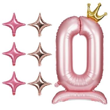 Imagem de Balões com números de 106,66 cm 0 a 9 com coroa e base, balões de número de aniversário de folha de alumínio de hélio com 6 balões de estrelas de quatro pontas decorações de número gigante para festa