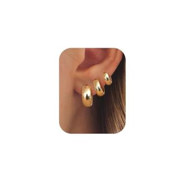 Imagem de Conjunto de 3 pares de brincos de argola de ouro para mulheres, brincos de prata grossos, preenchidos com ouro 14K, pequeno, pequeno, pequeno, pequeno, dourado, moderno e grosso, standard, Metal, Sem