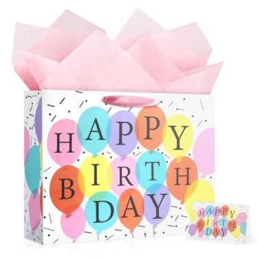 Imagem de YoungTree Bolsa grande de presente de feliz aniversário com papéis de seda e cartão, sacos de presente de papel portátil com alças, sacolas de presente para mulheres suprimentos de festa de