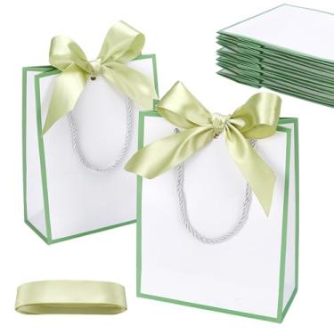 Imagem de PH PandaHall Pacote com 14 sacos de presente de papel verde com alças 8 x 18 cm, pequenos sacos de presente de papel com fita decorativa para casamento, chá de panela, festa de aniversário, decorações