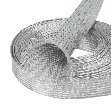 Imagem de FOURUB Capa de proteção de cabo, cobre estanhado, trançado, mangas flexíveis de metal expansível, tiras de aterramento, protetor de fios (11/40.6 cm-5.5 m, prata)