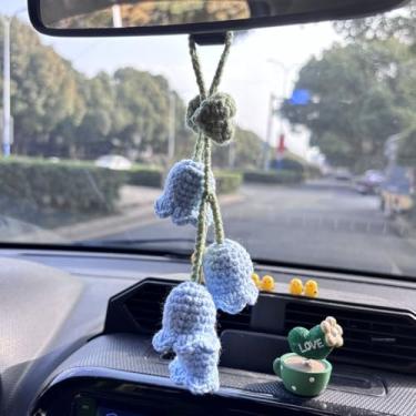 Imagem de Enfeite de crochê de lírio do vale, espelho retrovisor de carro, acessórios de carro feitos à mão para mulheres e homens, flor de malha para decoração de interiores de carros, pingente de bolsa