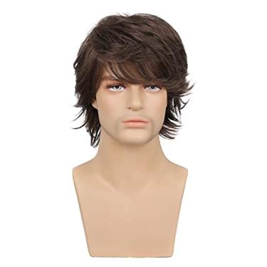 Imagem de Generic Peruca Curta Masculina, Cabelo Sintético Resistente Ao Calor Ajustável, Cabelo Liso Marrom para Cosplay, Festas de Aniversário Com Touca de Malha Conveniente