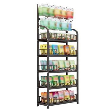 Imagem de Suporte de exibição de lanche para chão, grande supermercado lojas de doces farmácia prateleira organizadora multicamadas com ganchos, suporte de armazenamento para bebidas de frutas e vegetais (cor