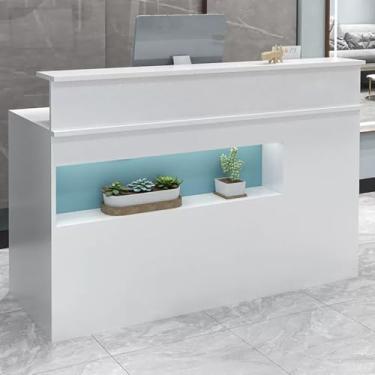 Imagem de Mesa de recepção moderna, balcão frontal com gavetas bloqueáveis e bandeja de teclado, balcão de varejo azul para salão, saguão, loja - 80 cm/31,4 pol