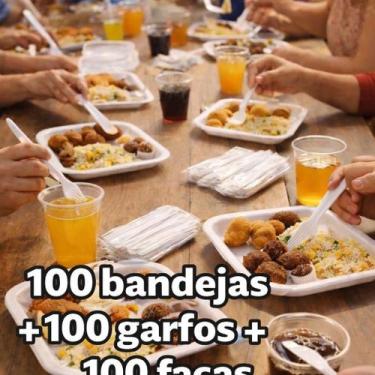 Imagem de Kit Churrasco 100 Bandejas B2+100 Garfos + 100 Facas Refeiçao Descarta