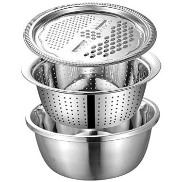 Imagem de Conjunto multifuncional de bacia de aço inoxidável, bacia de drenagem 3 em 1 para ralador de frutas e vegetais de cozinha