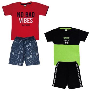 Imagem de Kit 2 Conjuntos Verão Infantil Masculino Camiseta Reforço Na Gola E Be