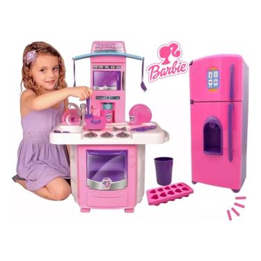 Imagem de Cozinha Infantil Grande Sai Água Geladeira Fogão Rosa Barbie