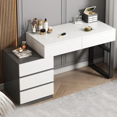 Imagem de Penteadeira de maquiagem com 5 gavetas, muito armazenamento, penteadeira com armário lateral retrátil, penteadeira de mesa Bancada espaçosa para quarto, mulheres, meninas adolescentes, cinza