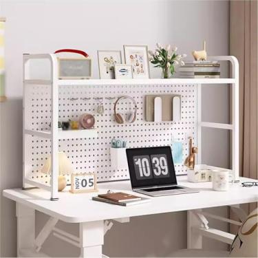 Imagem de Estante para armazenamento de mesa Placa de 1 a 2 andares com furos Material de estrutura de aço estável e resistente, para mesa de computador Dormitório Escritório Casa, branco, 55 * 20 * 6