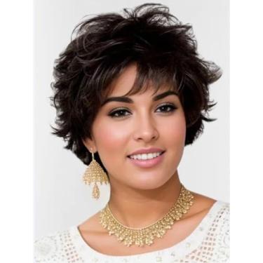 Imagem de Peruca de cabelo curto encaracolado preto em camadas Pixie com franja, perucas pretas com corte Pixie para mulheres brancas, peruca de substituição de cabelo ondulado natural para a vida diária