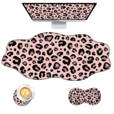 Imagem de CICPLKSE Mouse pad com suporte de pulso + tapete de mesa + porta-copos conjunto 3 em 1, 2GG grande mousepad ergonômico para mesa, computador, laptop, escritório, leopardo fofo