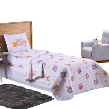 Imagem de Colcha Cobre Leito Jogo Roupa Cama Solteiro 2 Pçs Matelado Fronha Quarto Infantil Criança Safari Savana Branco