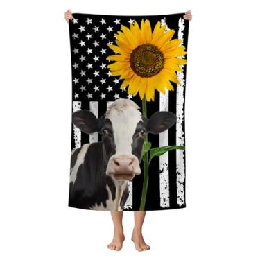Imagem de WZOMT Bandeira americana vaca girassol toalha de praia microfibra preto e branco amarelo floral e estampa de vacas toalha de banho para crianças adultos, secagem rápida à prova de areia, surf/natação,