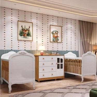 Imagem de Quarto de Bebê Cômoda com Janelas e 2 Berços Maya Clássico 100% Mdf Espresso Móveis Branco Brilho/Amêndoa/Branco