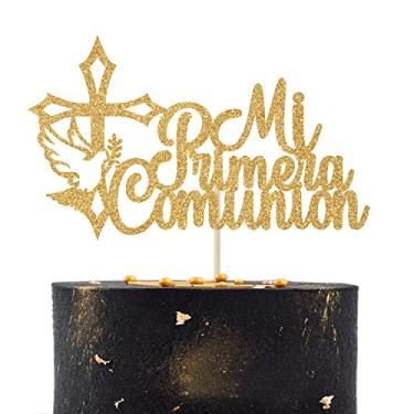 Imagem de Mi Primera Comunion Cake Topper, First Holy Comunion, Kids Baby Shower/Christen Day/On Your Confirmation Decorations Supplies Gold Glitter