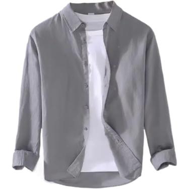 Imagem de Camisa Masculina Respirável Casual Gola Virada Para Baixo Praia Algodão Linho Camisa Masculina Manga Longa Sólida, Grey9, M
