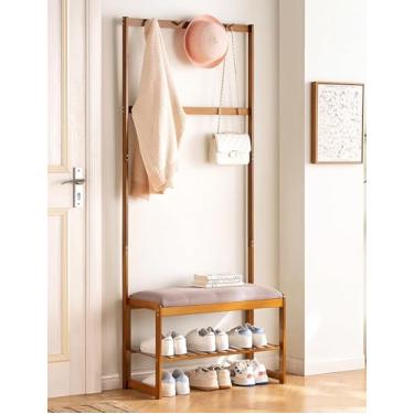 Imagem de Cabideiro Banco De Sapatos Cabide Hall Árvore Com Sapato Banco De Armazenamento 3 Em 1 Com Ganchos Banco De Entrada De Bambu Com Armazenamento Para Pendurar Jaqueta Fá, Brown, 51cm/20.1in long