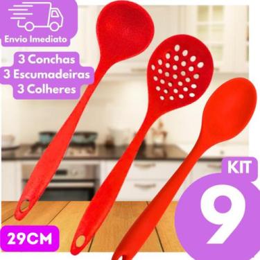 Imagem de Kit 9 Utensílios de Silicone Cozinha Profissional 3 Escumadeira 3 Conc